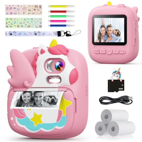 CAMCLID Câmara com fotos infantis instantâneas, 2,4'' HD 1080P câmara com cartão de 32 G e papel fotográfico de impressão, meninos e meninas de 3 a 12 anos (rosa)