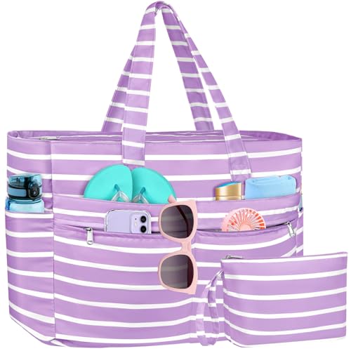 WACCET Bolsa de praia grande mulher, mala de praia impermeável com fecho de correr mala de praia grande XXL familiar 50 l dobrável e leve mala de mão com várias bolsa de tote para praia, viagens