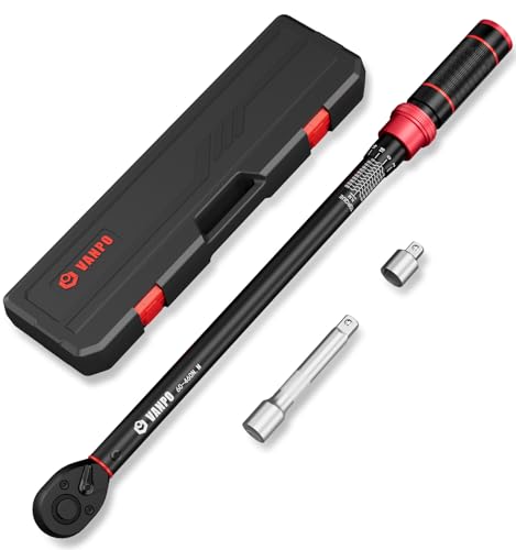 VANPO 1/2" Chave dinamométrica 60-460 Nm, 72 dentes moto e carro, chave dinamométrica conjunto de 3 peças com barra de extensão de 125 cm, adaptador de 1/2"-3/8", para carro, camião, trator