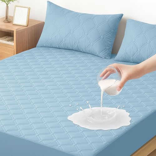 Ystyle Protetor de colchão impermeável, 180 x 200 cm, capa de colchão anti-ácaros anti-riscos, elástico em todo o contorno, cobertura de colchão hipoalergénico, para altas de 30 cm, azul