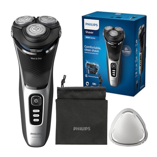 Philips Série 3000 Máquina de barbear elétrica para homem, máquina de barbear com cortinadores, 27 lâminas, cuidado da pele, 60 min de uso, seco e húmido, recarregável, capa, S3241/12, cinzento