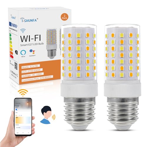 I-SHUNFA Lâmpadas LED Wi-Fi Smart E27, compatíveis com Alexa/Google Home, regulação contínua, 2700K-6500K, brilho ajustável 1%-100%, 6,3-7W, 670LM-800 LM, lâmpada LED de milho AC 230 V E27 (embalagem