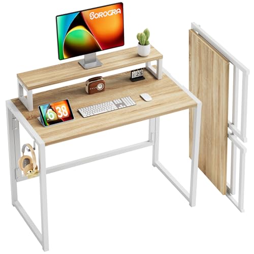 SOROGRA Mesa dobrável com suporte para monitor, mesa de computador para escritório em casa e estúdio, mesa pequena de montagem fácil para espaços pequenos, bege