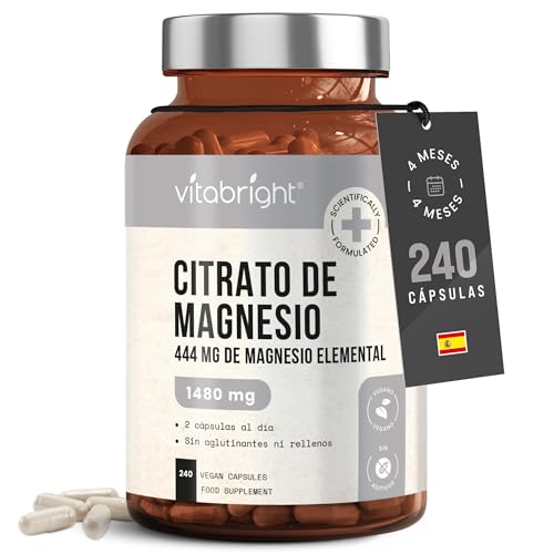 Citrato de magnésio cápsulas 240 | 4 meses 1480 mg | Mg Elemental 444 mg | Citrato de magnésio em pó puro sem aditivos, suplemento cortado em cápsulas (não comprimidos), VitaBright Magnesium Citrate
