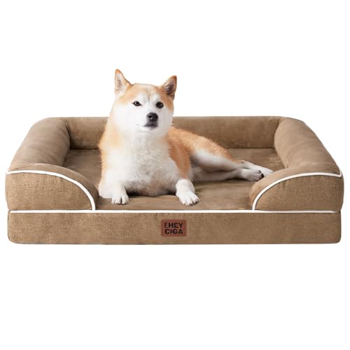EHEYCIGA Cama cão grande 89 x 56 x 16 cm, colchão cão grande impermeável lavável com espuma viscoelástica, sofá cão removível, camelo