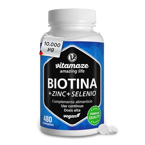 Biotina 10.000 mcg 480 comprimidos (16 meses) com zinco e selénio, biotina para o cabelo, crescimento e antiqueda, vitaminas para cabelo e unhas fortes, sem aditivos qualidade alemã. Vitamaze®