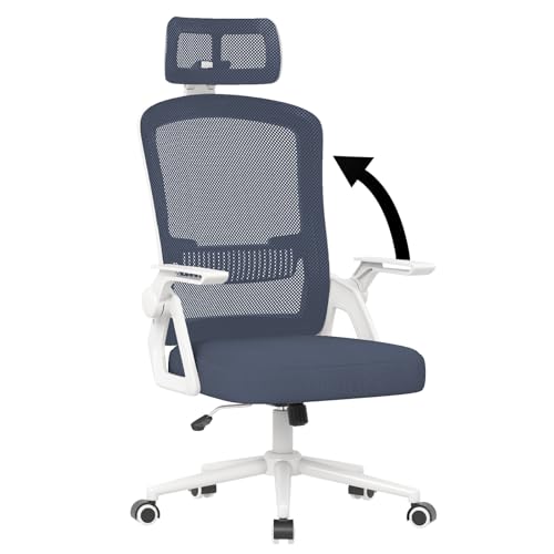 naspaluro Cadeira de escritório ergonómica, com apoio de cabeça ajustável, apoios de braços rebatíveis, cadeira de secretária giratória com suporte lombar, encosto respirável, azul escuro