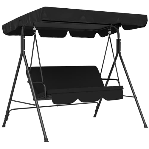 Outsunny Balanço de jardim de 3 lugares balanço exterior com teto ajustável e moldura de aço para varanda, terraço, pátio, carga 200 kg 172 x 110 x 153 cm, preto