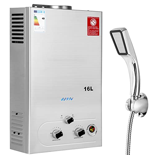 BreeRainz 16 LPM Aquecedor de água a gás GLP propano butano com cabeça de chuveiro, 32 KW, para casa, veículos reativos e exteriores