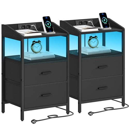 Hzuaneri Mesinha de cabeceira conjunto de 2, com luzes LED e estação de carregamento, mesa auxiliar moderna com portas USB e tomadas de corrente, com prateleira aberta para quarto, sala de estar