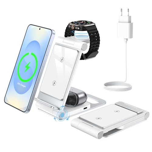 Carregador sem fios para Samsung S25 Ultra dobrável estação de carregamento sem fios 3 em 1 para Galaxy S25/S24/S23/Z Flip, base de carregamento para Galaxy Watch Ultra/7/6/5, para Galaxy Buds White