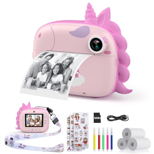 HiMont Câmara de fotos instantâneas para crianças com papel de impressão e cartão SD de 32G, 20MP, câmara de fotos para crianças com canetas coloridas, presente para crianças de 3 a 14 anos (rosa)