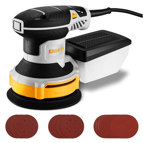 DEKOPRO Lixadeira orbital de 300 W, 6 velocidades, 14000 RPM, lixadeira elétrica ideal para superfícies de madeira e aço com 16 folhas de papel de areia (cinzento amarelado)