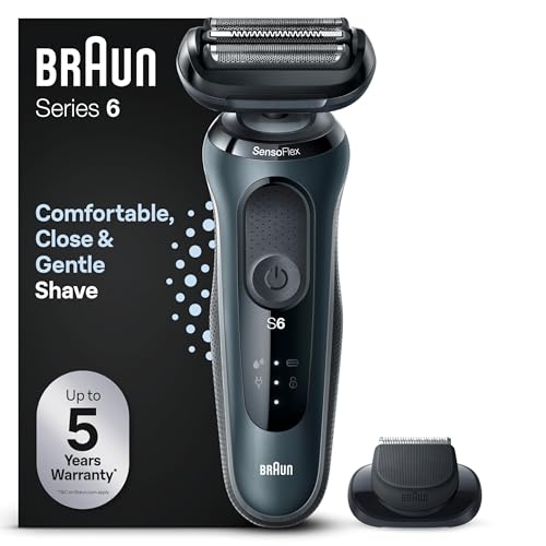 Braun Série 6 máquina de barbear elétrica para homem, máquina de barbear com aparador de precisão EasyClick, SensoFlex, uso seco e molhado, recarregável, sem fios, 61-N1200s, cinzento