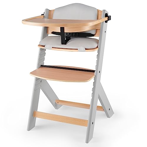 Kinderkraft Cadeira alta para bebé de madeira ENOCK, com almofadas, cadeira alta evolutiva, ergonómica, regulável, cinzento