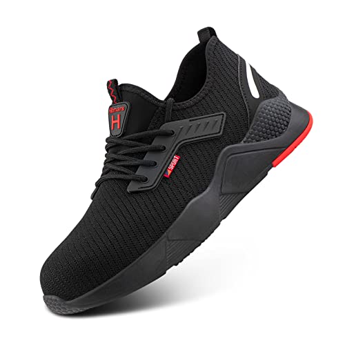 Hitmars Sapatos de segurança para homem mulher sapatilhas desportivas sapatilhas de segurança calçado de trabalho homem com biqueira de aço respiráveis preto EU36-47