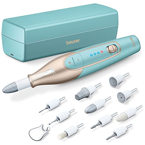 Beurer MP 84 Set de manicure/pedicure, lima de unhas elétrica com bateria recarregável, 10 acessórios, luz LED, inclui estojo, até 4400 rpm, torno de unhas para o cuidado das mãos e pés