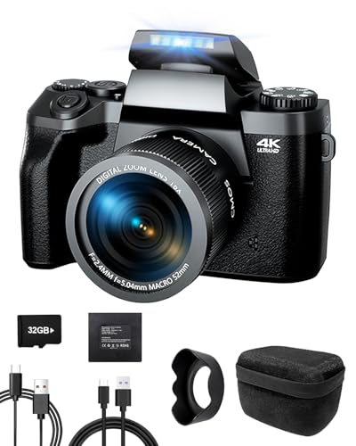 Ade Câmara digital 4K 64 MP câmara fotográfica com ecrã táctil de 4,0", Zoom Digital 16X câmara compacta com lente grande angular e macro, Wi-Fi, bolsa para câmara, lente única (preta)