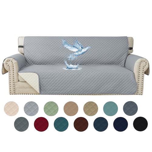 YSTELLAA Capa impermeável para sofá de 3 lugares, capas para sofá antiderrapante, removíveis, com bolsos laterais, anti-gatos riscos e cães animais de estimação, antimanchas, laváveis, cinzento claro