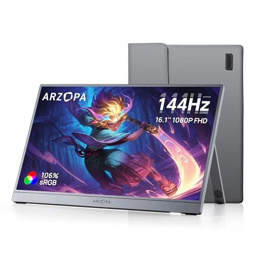 Monitor portátil ARZOPA de 16,1" e 144 Hz com bolsa de armazenamento, 100% sRGB, 1920 x 1080P, FHD HDR, 144 Hz, ultra-fino, ecrã externo para computador portátil/PC/Mac/PS3/4/5/Xbox - Z11111FC