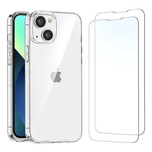NEW'C Capa para iPhone 13 (6,1 polegadas) capa de silicone transparente alta e 2X protetor de ecrã para iPhone 13 (6,1 polegadas) vidro temperado - anti-riscos