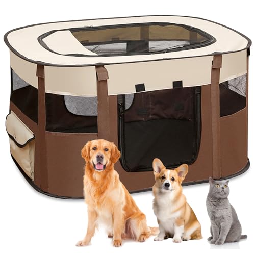 Parque dobrável para cães e cachorros - portátil para interiores, gatinhos, coelhos, L (castanho)
