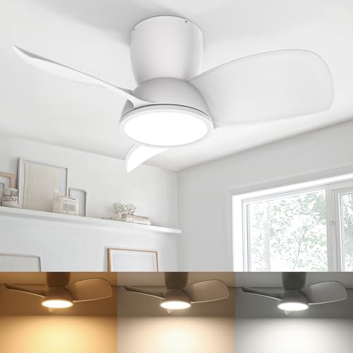 Ateroll Ventoinha de teto com luz, Ø 76 cm, LED regulável 3CCT (3000K-4000K-5000K), 1500LM ventilador de teto com controlo remoto, 6 velocidades, temporizador, adequado para sala de estar, quarto
