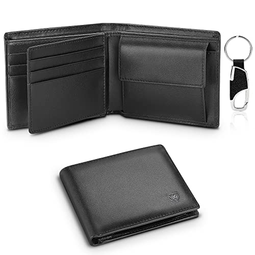WONSEFOO Carteiras para homem, carteira Bifold fina com RFID, 10 ranhuras para cartões (inclui ID), 2 ranhuras para bilhetes, 1 bolso para moedas, 1 porta-chaves, 1 caixa de presente (preto), Preto,