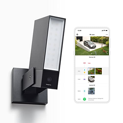Netatmo Câmara de vigilância WiFi exterior, holofote integrado de 12 W, vídeo HD 1080 p 4 MP, deteção de pessoas, animais, veículos, visão noturna, armazenamento local, sem custo adicional, NOC-AMZ