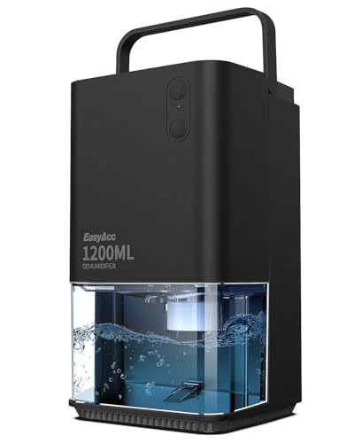 EasyAcc Deshumidificador de 1200 ml, desumidificador de humidade pequeno silencioso com cabo portátil, 7 LED cores, desligamento automático, descongelação casa de banho quarto escritório RV preto