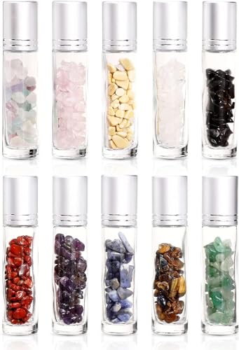 Parfumlism 10 Pcs Garrafas Roll On vidro para óleos essenciais, garrafas de vidro de 10 ml, garrafas de rolos com cascalho de vidro, para óleos essenciais, massagem, aromaterapia