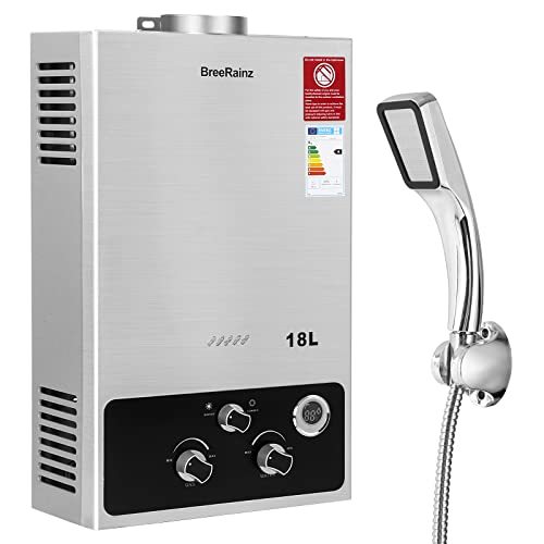 BreeRainz Aquecedor de água a gás de 18 litros, aquecedor de água de proteína butano, pressão de água de arranque super baixa, para casa, casa de rolamento