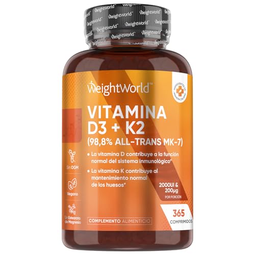 Vitamina D3 e K2 2000 UI 200 µg, 365 comprimidos veganos de vitamina D e MK7 98,8% All-Trans - O Vit D contribui para a manutenção dos ossos em condições normais (EFSA)