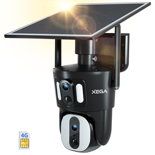 Xega 4G LTE Câmara de segurança sem fios para exteriores com lente dupla câmara de segurança solar 1080P HD visualização de 360° ecrã dupla visão noturna em cor áudio bidirecional IP66 TF/Cloud