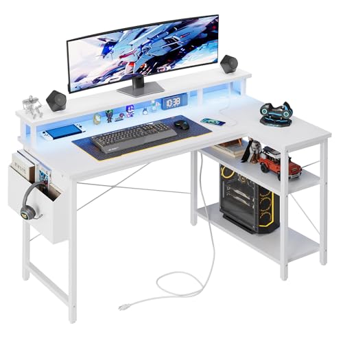 Grandder 120 cm mesa L com luzes LED e tomadas, mesa de jogo com 2 prateleiras, mesa de computador com suporte para monitor, Home Office