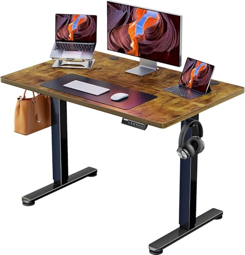 ErGear Mesa elétrica elevável, mesa ajustável em altura, 100 x 60 cm, mesa de escritório com painel inteligente de 4 memórias, mesa com gancho para mochila e tabuleiro montado (castanho vintage)