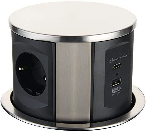 Electraline 62571 tomada multiusos: 3 x Schuko 16 A, (2 USB 3.1 A: 1 tipo A 1 tipo C, cabo de 2 m), orifício de fixação: Ø 120 mm, espessura da mesa: máx. 60 mm