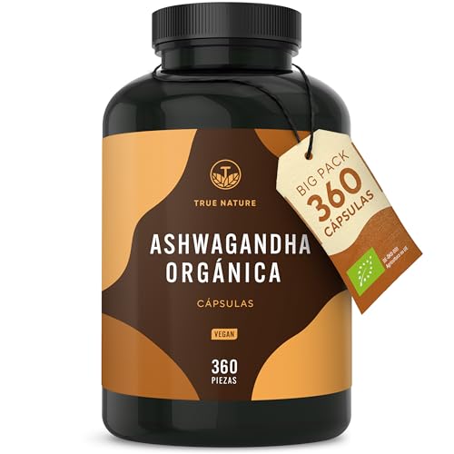 Ashwagandha ecológica - 360 cápsulas (BIG PACK) - Alta dose: 2600 mg diários (90 dias) - 650 mg por cápsula - ashwagandha orgânica cápsulas - Vegan - TRUE NATURE