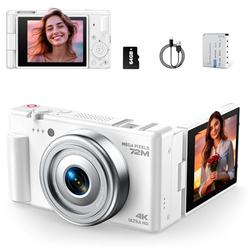 Câmara digital 4K, Vlog câmara de fotos anti-vibração com foco automático de 72 MP 18 X zoom, ecrã Flip de 270 ° câmara digital compacta com bateria cartão de 64 GB para fotografia iniciantes