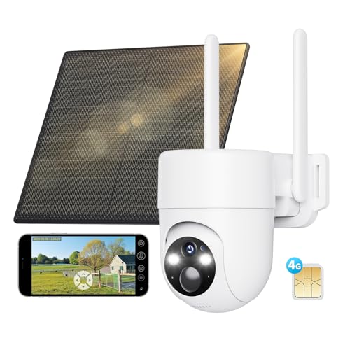SEHMUA 4G LTE Câmara de vigilância exterior com painel solar, 2K PTZ câmara de vigilância com cartão sim, deteção humana PIR, visão noturna, IP66 impermeável, PTZ 355°/90°, áudio bidirecional