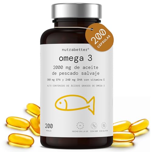 Omega 3 cápsulas 2000 mg | 200 pérolas, 600 mg de ômega - 3 puro vitamina E, Certificado FOS e MSC, Ácidos gordos ômega 3 para saúde do coração, cérebro e da pressão sanguínea, nutrabetter®