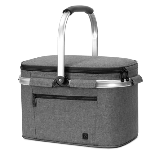 ALLCAMP Cesto dobrável - cesta térmica para compras com tampa, cesta de piquenique removível para 4 pessoas, cesta térmica grossa cesta térmica com moldura de alumínio (cinzento pequeno)