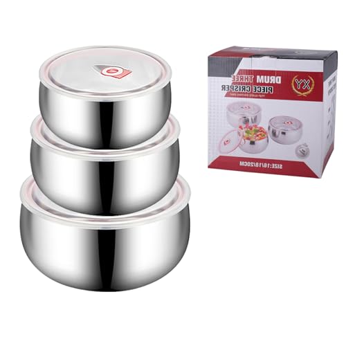 imposyu Conjunto de 3 recipientes herméticos de aço inoxidável com tampa, tigelas misturadoras de aço inoxidável, recipientes para alimentos em aço inoxidável, redondos