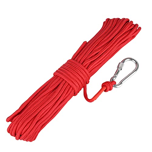 Corda de segurança de alta resistência, corda de nylon trançado, corda de escalada, corda de pesca, corda de resgate com mosquetão, corda multiusos para pesca magnética (6 mm vermelho)