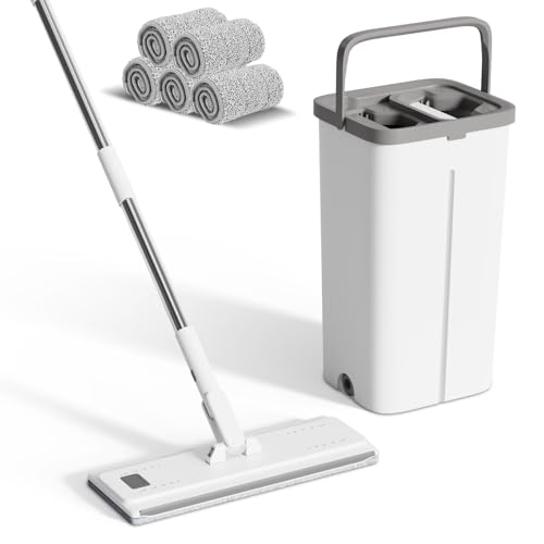Eukue Mopa esfregona com balde de escorrer, conjunto de esfregona e balde, toalhas de limpeza de pisos com 5 almofadas, roupa plana em microfibra com função de escorredor para madeira rígida laminada