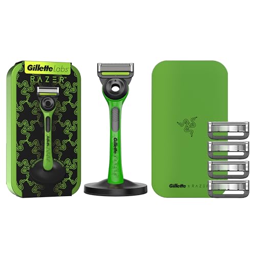 Gillette Labs Edição limitada Razer máquina de barbear homem com barra de esfoliação 5 lâminas de barbear de substituição base magnética e estojo de viagem Razer