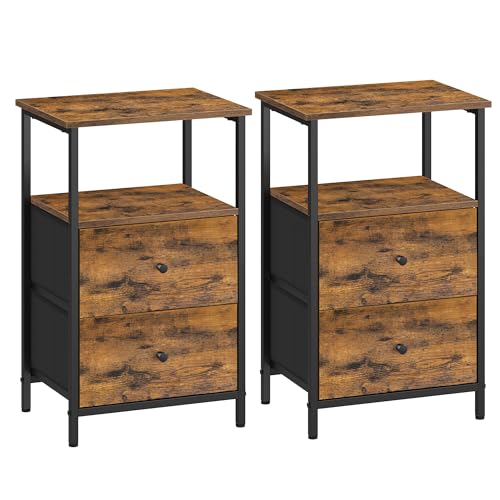 VASAGLE Conjunto de 2, mesa de cabeceira, mesa auxiliar com 2 gavetas de tecido, mesa alta de 61 cm com prateleira de armazenamento, sala de estar, quarto, castanho rústico, preto tinta e preto mate