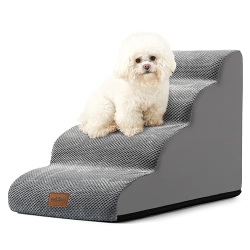 COZY KISS Escada para cães pequenos, escadas para animais de estimação de espuma para cama e sofá, ampa para gatos com capa lavável e fundo antiderrapante, leve, 40 x 72 x 50 cm, 4 pelos, cinzento
