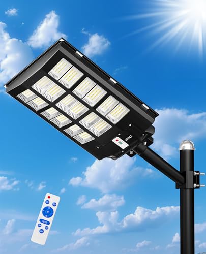 JAYNLT 2500 W Lâmpadas solares exteriores, 6500 K luz solar com sensor de movimento, impermeável IP67 holofote exterior e controlo remoto, luz solar potente para garagem, pátio, jardim