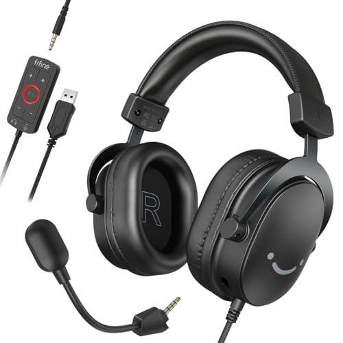 Fifine Auriculares com cabo e microfone, Over Ear auriculares Gaming PC PS4 PS5 Xbox Switch com 7,1 som envolvente, almofadas lisas para os ouvidos